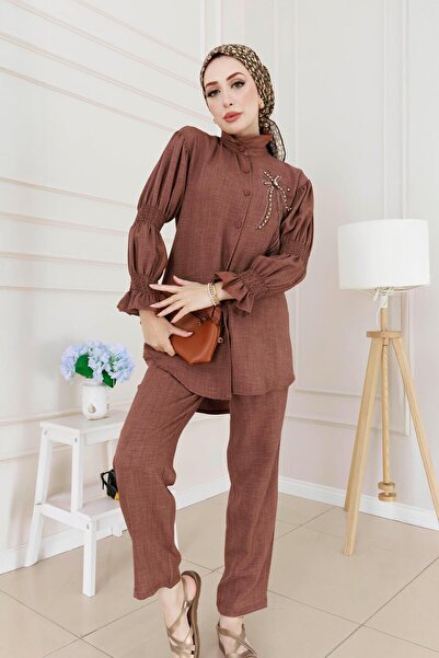Sevitli Διπλό Σετ με Πέτρινο Μπροστινό Μανίκι Ελαστικό-Καφέ