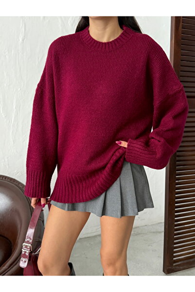 BEJNA Women's Burgundy Soft Textured Crew Neck Oversize Basic Knit Sweater