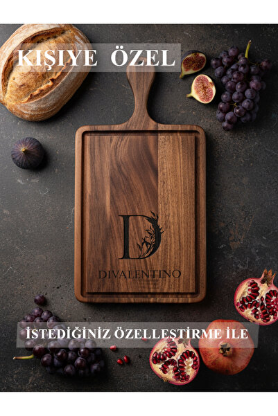 BG WOOD Kişiye Özel Ceviz Ağacı Saplı Sunum ve Kesme Tahtası Peynir ve Şarküteri Sunum Tahtası (Large Ebat)