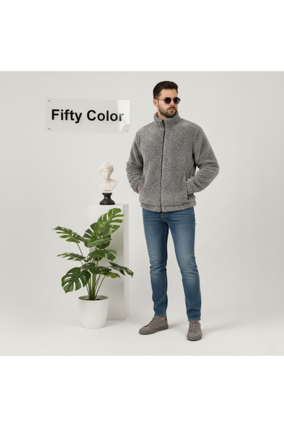 Fifty Color Wellsoft βελούδινο γκρι μπουφάν Oversize - Stand γιακά και τσέπες με φερμουάρ