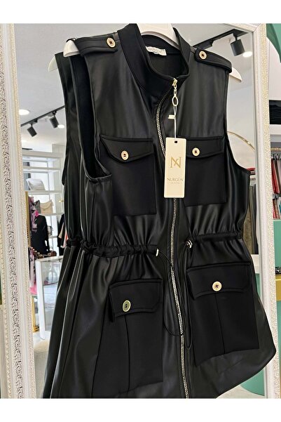 MERAM BUTİK Nurgün Leather Vest with Pocket Detail - Black - 2