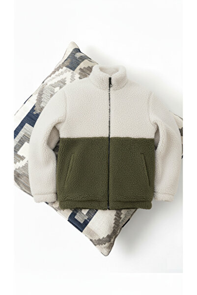 Fifty Color Trend, Unisex, Χακί-Λευκό, αντίθεση χρωμάτων , Με φερμουάρ, ψηλός λαιμός , Sherpa, Fleece, Μπουφάν