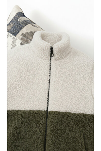 Fifty Color Trend, Unisex, Χακί-Λευκό, αντίθεση χρωμάτων , Με φερμουάρ, ψηλός λαιμός , Sherpa, Fleece, Μπουφάν