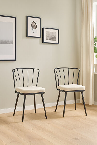 Atolye Casa 2 li Metal Siyah Mutfak Sandalyesi Balkon Sandalyesi Krem Rengi K...