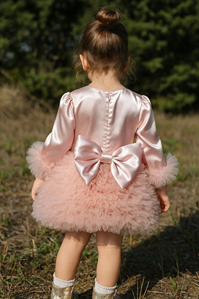 2kids2mom Kız Bebek Çocuk Elbise Uzun Kollu Tüllü Tütü Özel Gün Parti Doğum Günü Prenses Saten Abiye Elbise