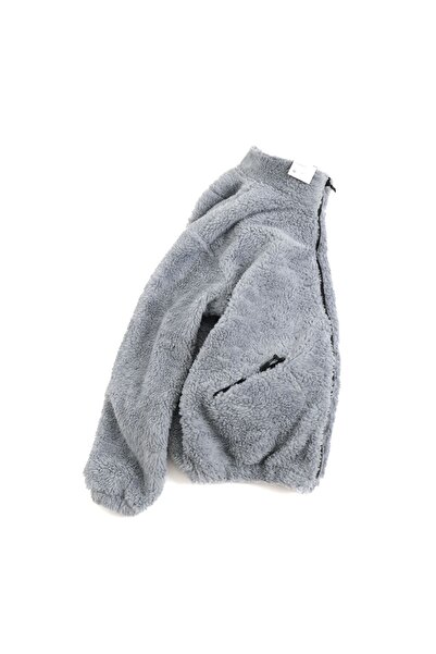 Fifty Color Culoare cenușă, pluș, guler vertical Wellsoft, buzunare cu fermoar, tăietură supradimensionată, jachetă de pluș