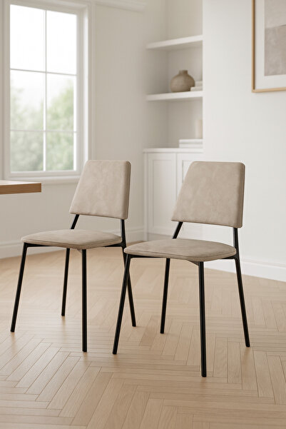 Atolye Casa Mono Sandalye Siyah Ayak Krem Kumaş 2 Adet