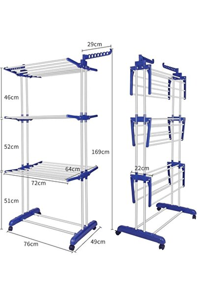 Taimi 4-Tier Stainless Steel Non-Slip Drying Rack, Capacity 10kg per Tier, Gray/Blue - 169L x 76W x 49D cm