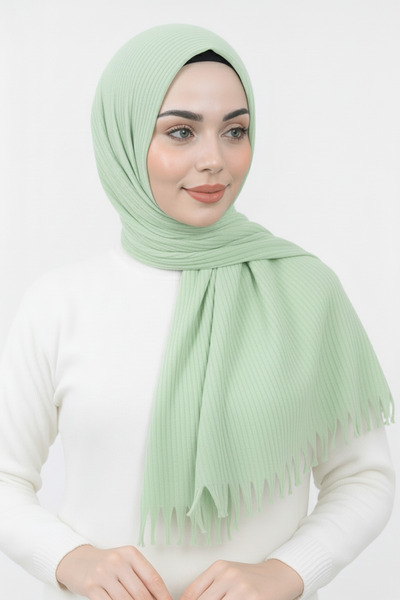 Ramellia Yeşil Piliseli Şal | Ütü Gerektirmez, Hafif Bambu Şal , Formunu Koruyan Doku Piliseli Şal