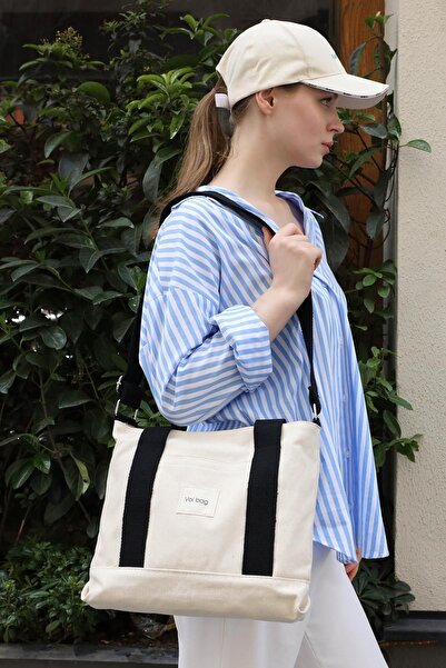 Mopia Cleo Siyah Krem Kadın Kanvas Tote El Omuz Ve Çapraz Çanta