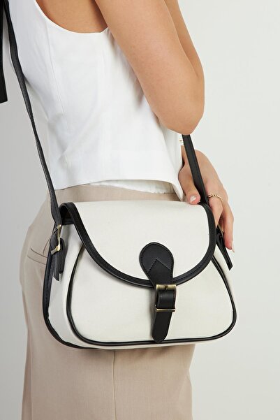 Mopia حقيبة كروس كبيرة الحجم من القماش باللون الأسود الكريمي