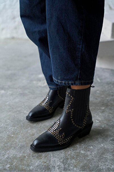 PELİN'İN AYAKKABILARI TOYA SİYAH DERİ KOVBOY BOT