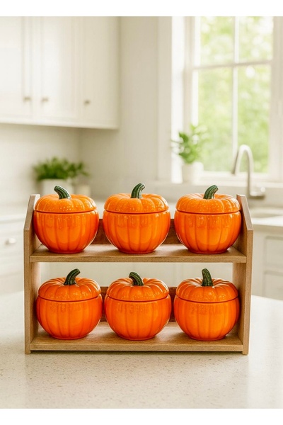 Pembelia Life 7 Parça Ahşap Stand'lı Porselen Bal Kabağı Baharatlık Seti