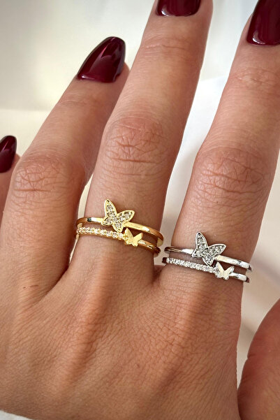 Leo'Stone Special Design Butterfly Model Double Thin Half Round Zircon Stone Adjustable Women's Ring