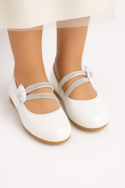 Pabrik Balerini cu fundă cu cârlig și buclă de piatră albă pentru fete