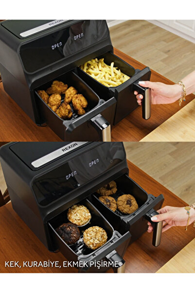Rexon Airfryer Yağsız Fritöz XL 4+4 8 Litre Dijital Ayrı Çift Hazneli Akıllı Pişirme Geniş Hacim Siyah