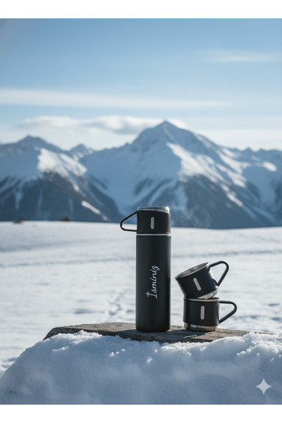 GiralStore Küçük Termos 500ml 3 Bardaklı Set Premium Çelik Kahve Termosu Sıcak Tutan Termos Çantalı