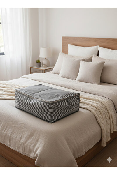 YELLOW STARY HOME DECOR حقيبة تخزين كبيرة مخططة باللون الرمادي تحت السرير ونوع الأريكة القابلة للتحويل إلى سرير 65x45x22 سم - حقيبة تخزين وتنظيم بسحاب