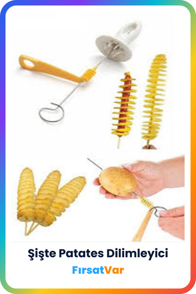FırsatVar Spiral Patates Dilimleyici Cips Yapma Seti – 4 Şiş Hediyeli Çubukta Patates Aparatı