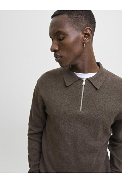 Jack & Jones Men's Brown Jprblamilano Stitch Knit Zip Polo Sweater & Cardigan 12281743-Delicioso