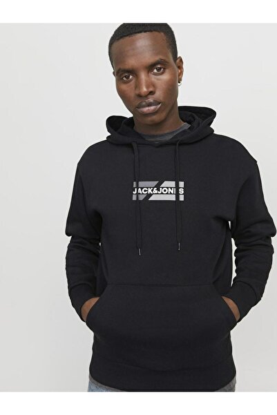 Jack & Jones Ανδρικό μαύρο φούτερ Jjcorp Graphic Sweat Hood Ln Sweatshirt 12268422-Μαύρο