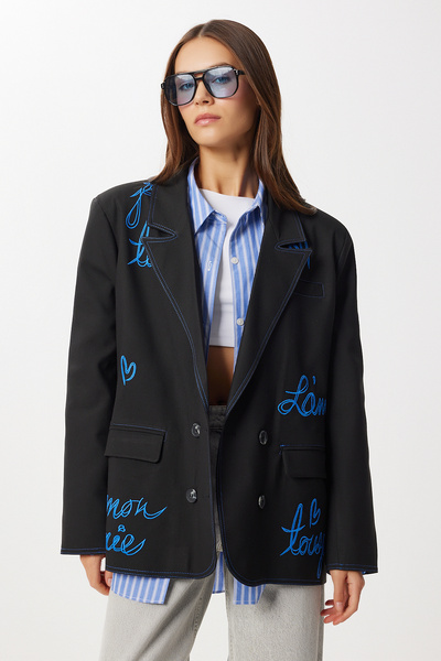 Lovelyİstanbul Túlméretezett, bélelt, hímzett szőtt kabát LRG0054 FEKETE