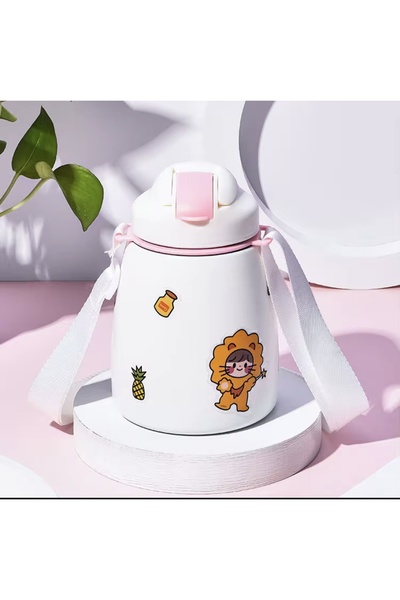 Generic A drinking water bottle with a strap and stickers for decoration that keeps it cool and hot.