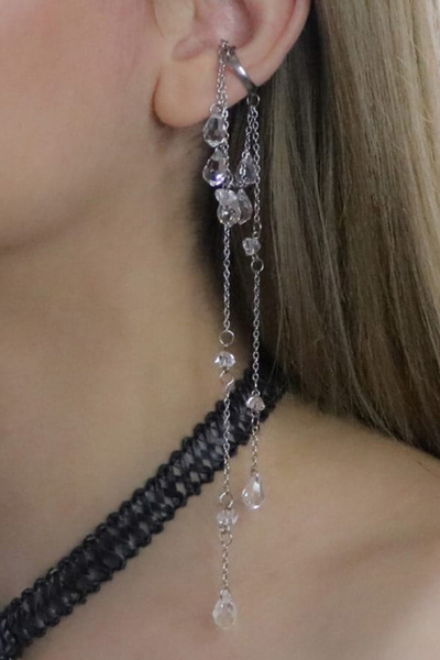 Cadının Dükkanı Kristal Taş Sallantılı Uzun Zincirli Cerrahi Çelik EarCuff Küpe