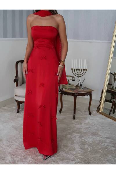 EtikaOnline Saten Kurdele Şal Detay Straplez Elbise