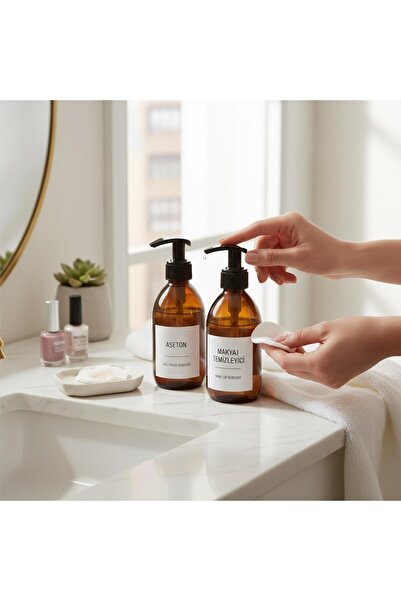 ANJEAHOME Minas 2-Pack 250 ml Glass Amber Bottle |   Acetone & Makeup Remover with Label |   Stylish Organizer with Pump