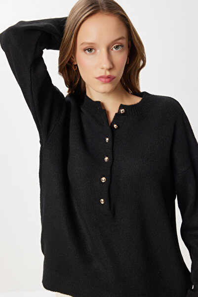 Lovelyİstanbul Pleteni džemper sa dugmićima Mekane teksture LMT0045 CRNI