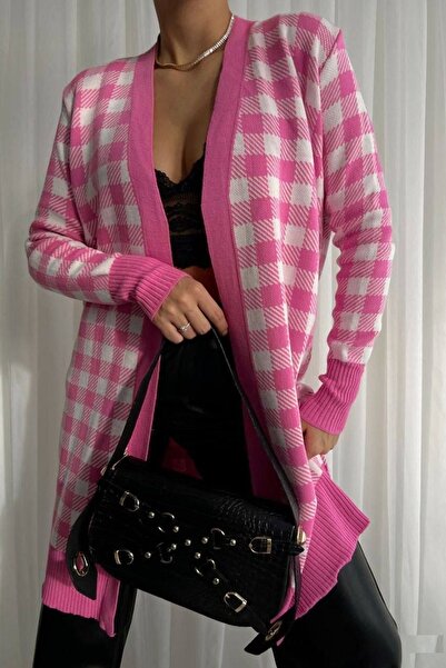 bayansepeti Women's Pink and White Square Patterned Long Knit Cardigan 069