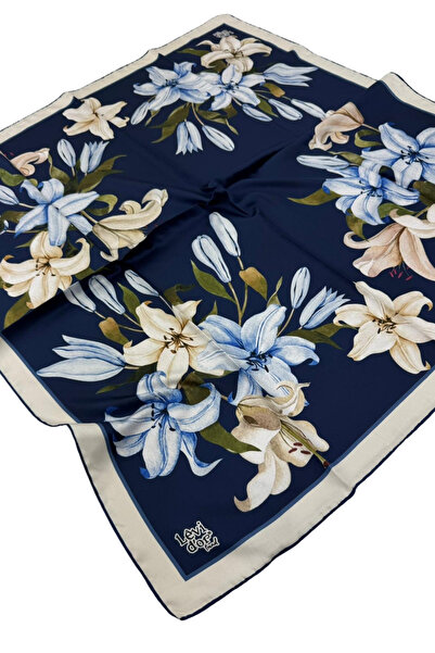 Levidor Trend Twill Eşarp LDT281 Çiçekli Desen 02-Lacivert-Krem-Gök Mavisi