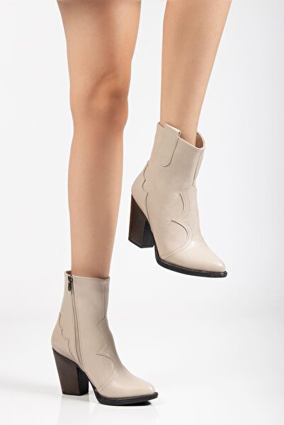 Aymood 117 Beige Cowboy Stitching Detailed Zippered High Heeled Casual Women's Boots