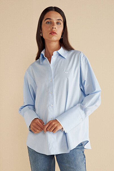 BROOKS BROTHERS Kadın Mavi %100 Pamuk Kontrast Garnili Oversize Gömlek