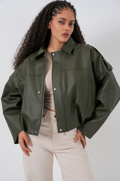 Bigdart Women's Oversized Leather Jacket 1055 - Khaki