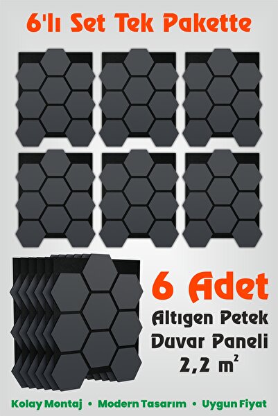 İdil Panel 6 Adet Ahşap Altıgen Petek Akustik Duvar Kaplama Paneli Mdf Antrasit 2,2 m2