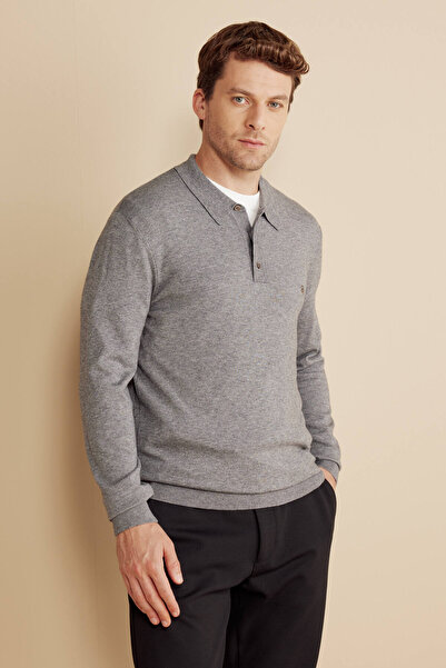 BROOKS BROTHERS Polo Yaka Standart Gri Melanj Erkek Kazak BBFW25MKL009