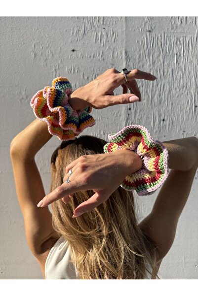 Atölye LİDYA Renkli Örgü Scrunchie Simit Toka
