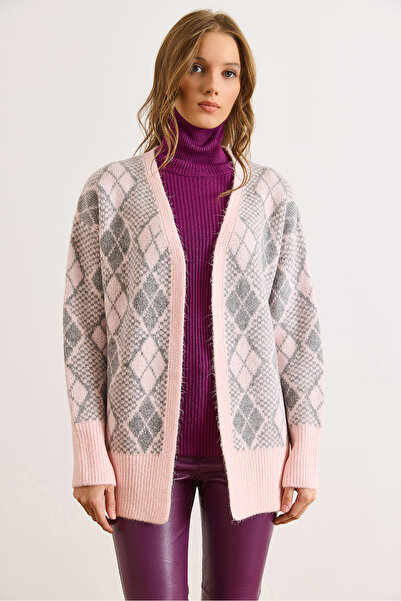 Olalook Women's Pink Baklava Pattern Soft Textured Thick Knitwear Cardigan Hrk-19000432