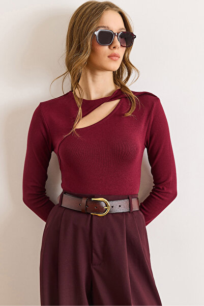 Olalook Women's Burgundy Cotton Modal Drop Neckline Stretchy Blouse Blz-19003130