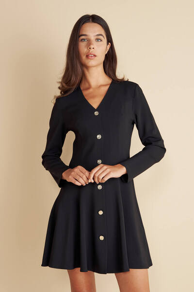 BROOKS BROTHERS Kadın Siyah V Yaka Volanlı Mini Elbise