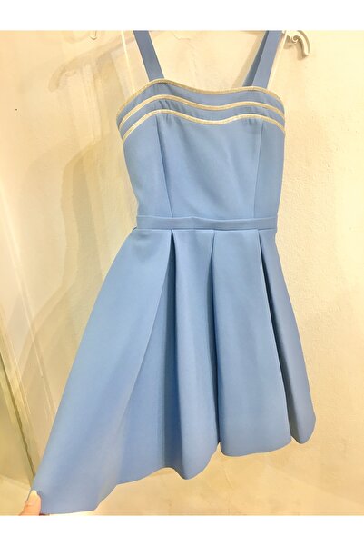 Erkut Rochie de seara scurta pentru fete din stofa creponata de culoare indigo cu bretele groase