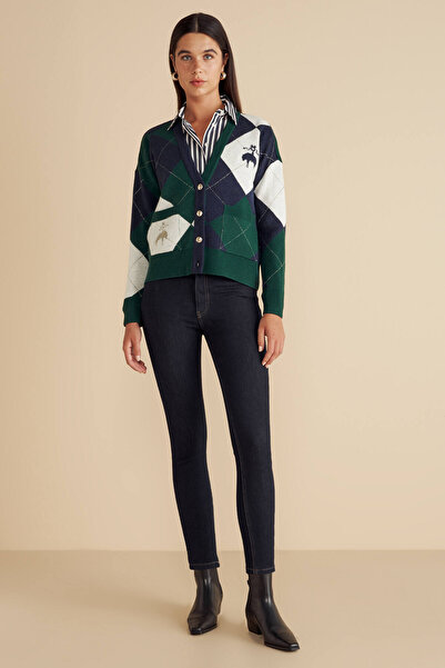 BROOKS BROTHERS Kadın Yeşil-Lacivert Yün Karışımlı Baklava Desenli Kuzulu Hırka
