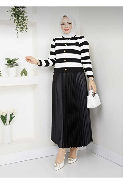 Bahar Altundemir Kadın Triko Hırkalı Piliseli Deri Etek Tesettür Takım 01