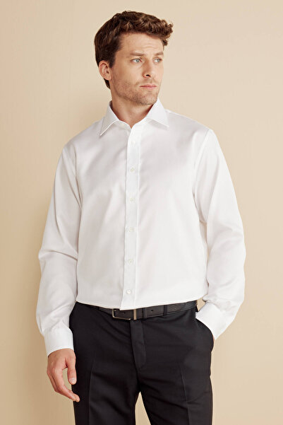 BROOKS BROTHERS Erkek Beyaz %100 Pamuk Klasik Yaka Armürlü Regular Fit Non Ir...