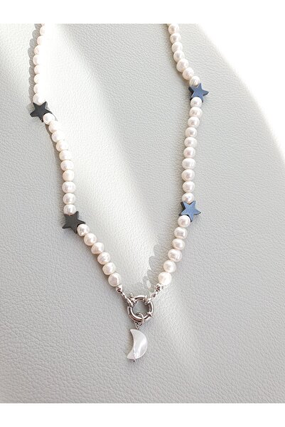 Abundo Necklace made of cultured pearls, hematite stars with crescent pendant and 925 silver, 49 cm