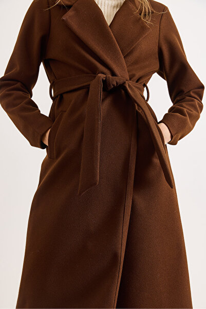 Olalook Kadın Acı Kahve Kuşaklı Astarlı Cepli Premium Kaşe Kaban KBN-19000013