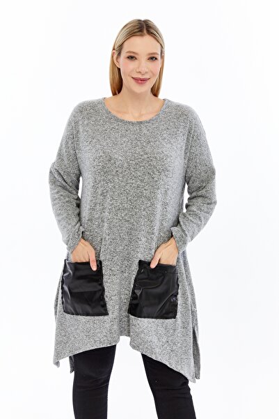 Curvy Trend Plus Size Front Leather Pocket Slit Long Sleeve Soft Fabric Tunic