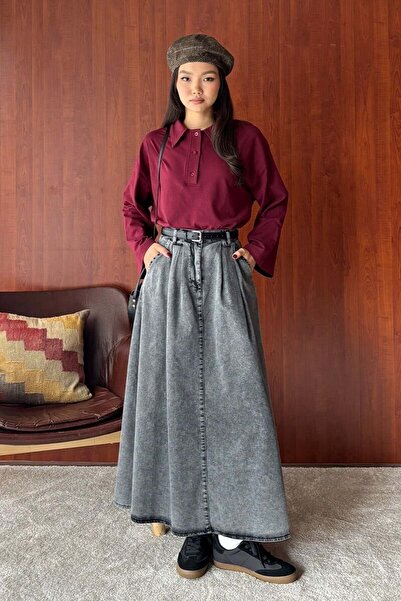 Ceylan Otantik Anthracite Denim Single Button Skirt